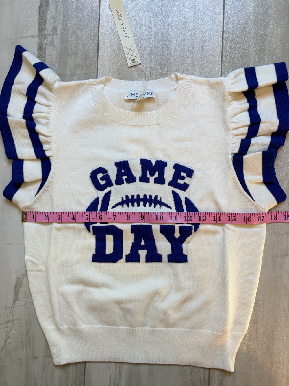 NWT She+Sky Flutter Sleeve Cream & Blue Game Day Football Soft Sweater Small - Picture 7 of 8